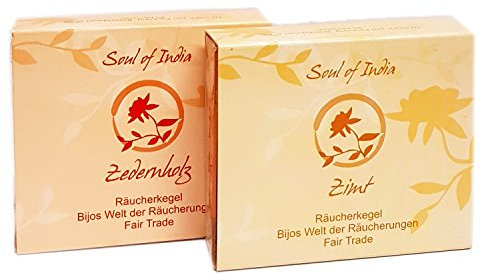 Indische Räucherkegel Soul of India 2er Set: ZEDERNHOLZ und Zimt, je 1 Packung mit 10 Kegel