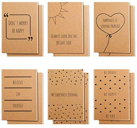 BELLE VOUS 12er Pack Braune Kleine Notizbücher A6 Liniert 10,5 x 14,8 cm Notizblöcke Klein 6 Englische Spruch-Designs - 80 Papierseiten - Positive Botschaften auf Notizblock A6