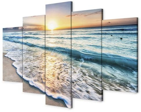 B&D XXL - Leinwand Bilder Meer und Strand 200x100 cm Vlies Leinwandbild 5 tlg Kunstdruck modern Wandbilder Groß XXL Wohnzimmer Wanddekoration Wandbild Wand Bild - Sonnenuntergang Landschaft Natur