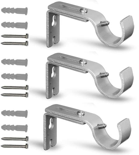 QualityDen Curtain Pole Brackets Adjustable Length of 9 - 12cm - Metal Curtain Rod Brackets Set with Screws for Poles, Wall Rod-Heavy Duty & Rust Resistant (Silver - 3pcs)