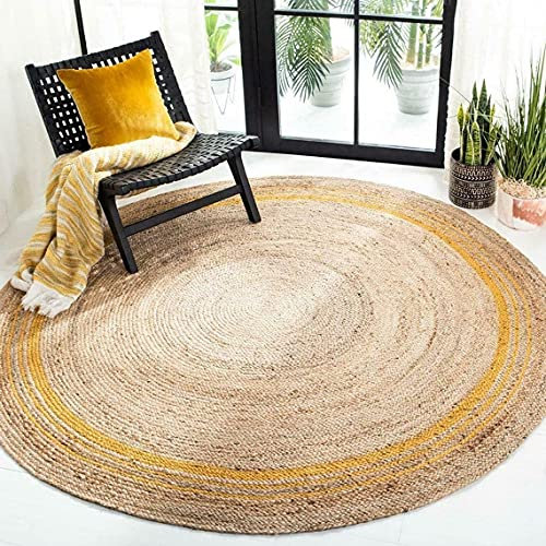 Avgari Creation Teppich, rund, Naturjute, handgefertigt, geflochten, wendbar, Beige + Gelb, 180 x 180 cm