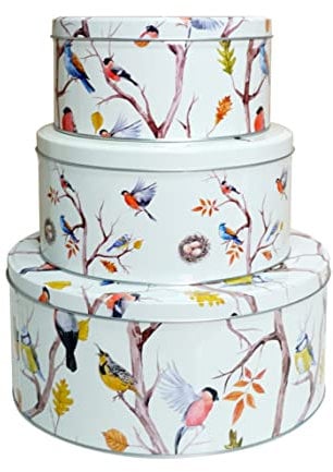 SiXsigma Sports Set of 3 Round Nesting Cake Storage Tins - Airtight Containers for Cakes, Biscuits & Sweets Large, Medium & Small Sizes - Perfect Mothers Day Gifts For Kitchen (Spring Birds)