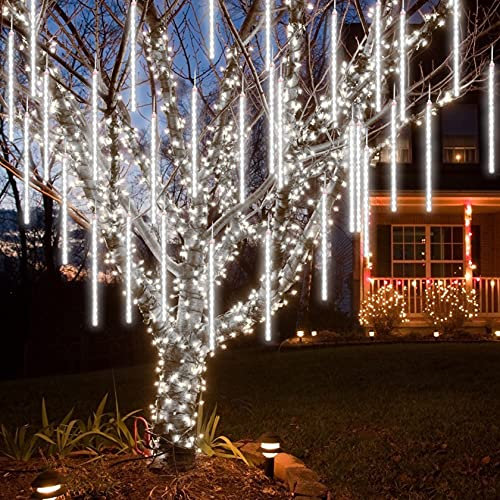 CGUOZI 80cm 8 Tubes 576 LEDS Luci di pioggia di meteora doccia, impermeabile Luci di stringa per Natale Halloween Albero del giardino Home decor, Supporto 2 Set di gancio Bianco