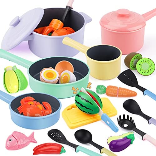 GILOBABY Kitchen Pretend Toy Age 3+, Role Play Cutting Fruit Food Toy & Cookware Pot & Pan Set, Educational Gift Toy for Kid Girl Boy Toddler ,4,5,6,7,8, Cooking Utensil Vegetable Toy for Children