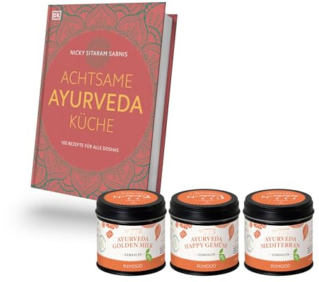 Rimoco Geschenkset Ayurveda Küche - Set Inhalt: Achtsame Ayurveda Küche Kochbuch, Ayurveda Golden Milk 60g, Ayurveda Happy Gemüse 55g, Ayurveda Mediterran 55g