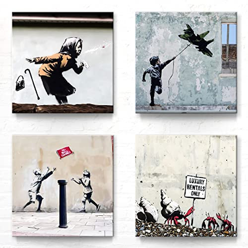 Banksy Leinwand-Bilder im coolen 4er-Set. Jedes Bilderset-D Art Wandbild ist 30x30cm groß. Tolle abstrakte Kunstdrucke zur Wand-Deko für Wohnzimmer, Schlazimmer, Flur, Büro