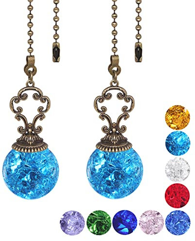 Ceiling Fan Pull Chain, 2 Pieces Lake Blue Ice Cracked Ball Fan Pull Chain, 15 Inches Fan Pulls Set with Connector