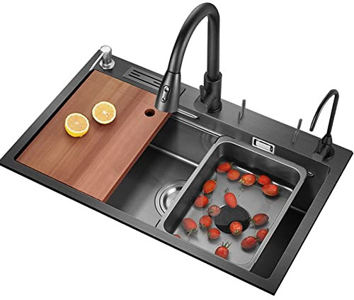 Fregadero De Cocina Negro De Acero Inoxidable 304 - Un Solo Recipiente Grande Con Tabla De Cortar Y Accesorios (Color: Negro, Tamaño: 78X48cm(C))
