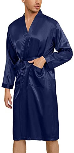 Irdcomps Herren Satin Bademantel Kimono Robe Lang Morgenmantel Leicht Seide Männer Nachtwäsche Pyjama V-Ausschnitt mit Gürtel Blau XXL
