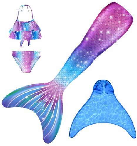 FOLOEO Meerjungfrauenflosse Mädchen Meerjungfrau Flosse Badeanzug Kinder zum Schwimmen mit Monoflosse und Bikini Set für Kinder, 4 Stück Set