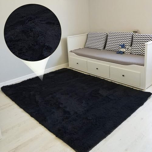 Amazinggirl Hochflor Teppich wohnzimmerteppich Langflor 120 x 160 cm - Teppiche für Wohnzimmer flauschig Shaggy Schlafzimmer Bettvorleger Outdoor Carpet Schwarz