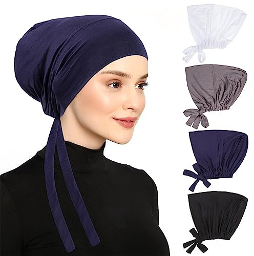 XEPST 4 STÜCK Hijab Unterkappe für Frauen, Islamische Muslimische Unter Hijab Kappe Einfarbiges Inneres Untertuch mit Rückseitigem Verschluss Turban Kopfwickel für Frauen Chemo Schlafkappe, Set 1