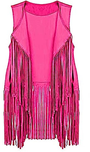 Yurosiay Gilet en Daim Synthétique à Franges pour Femme - Style Ethnique Cardigan Long Vintage Cowboy Biker Sans Manches Rouge