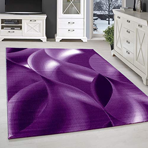 SIMPEX Kurzflor Teppich, Wellen Design, Violett, 140 x 200 cm, moderner Stil, Pflegeleicht, Teppich Wohnzimmer, Schlafzimmer