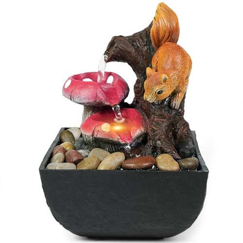 Ferrisland Tabletop Water Fountain Indoor - 3 Tiered Waterfall Fountain Indoor Desktop Water Feature with Light Squirrels Animal Sculpture Relaxation Fountains for Office Home Decor, Gift Idea