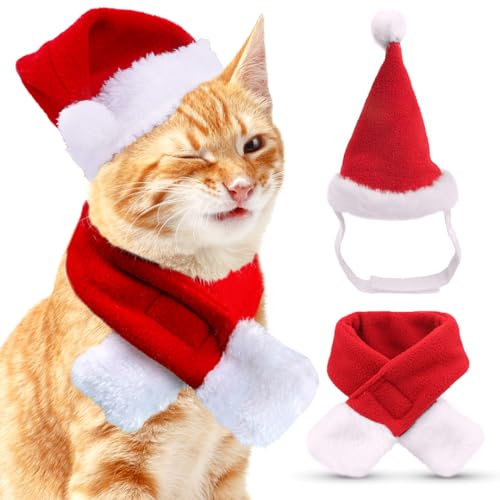 Katzen Hunde Weihnachtskostüm, Haustier Kostüm Weihnachten Kleidung Weihnachtsmütze und Schal für Klein Hund Katze, Rot Katzenbekleidung Hundebekleidung Lustig Mütze Deko Weihnachts Outfit Geschenk