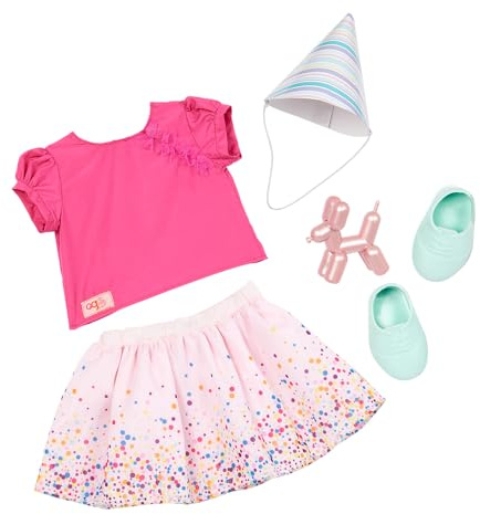 Our Generation It's Time to Party Geburtstags-Outfit für 46-cm-Puppen | Mit Oberteil, Rock, Partyhut, Pudel-Ballontier und Schuhen; mit den meisten 46-cm-Puppen kompatibel, Geschenkidee; 3+ Jahre