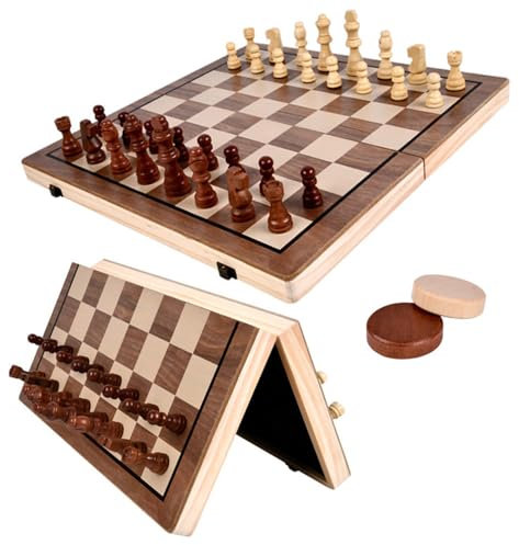 RATSTONE Schachspiel,Schachbrett,Schachspiel Holz,2 in 1 Schach, faltbares Brett magnetisches handgemachtes Schach mit großen Stücken Spielzeug und Geschenke für Kinder, 39 x 39 cm