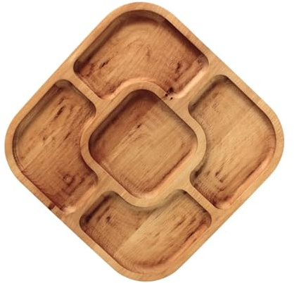 4BIG.fun 28x28cm Servierplatte aus natürlichem Holz mit 5 geteilten Fächern, Servierteller von Vorspeisen, Käse und Snacks, Holzplatte Cheeseboard für Fleisch und Käse, Käseplatte, Cheese Board