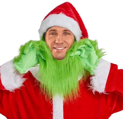 Grünes pelziges Monsterkostüm für Weihnachten, lustige Weihnachtsmannhandschuhe + Nikolausmütze, Cosplay-Zubehör, Partyzubehör für Erwachsene, A-roter grüner Hut, One size