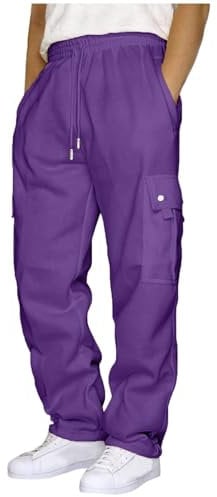 AMhomely Herren-Jogginghose, gerades Bein, Turnhose, Herren-Sporthose mit Kordelzug, mit Tasche, gerades Bein, Freizeithose, Tasche, Cargohose, Jogginghose, Baggy-Sweathose, 02 Lila, 56