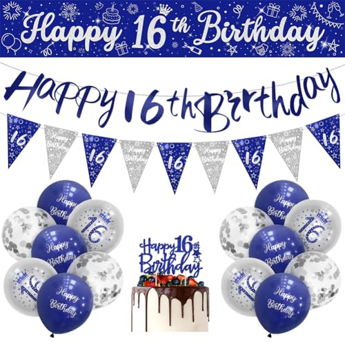 Boys 16th Birthday Decorations Blue Silver 16th Birthday Party Decorations 16 Pack Navy Silver Boy Banner Bunting Kit by Sheinly
