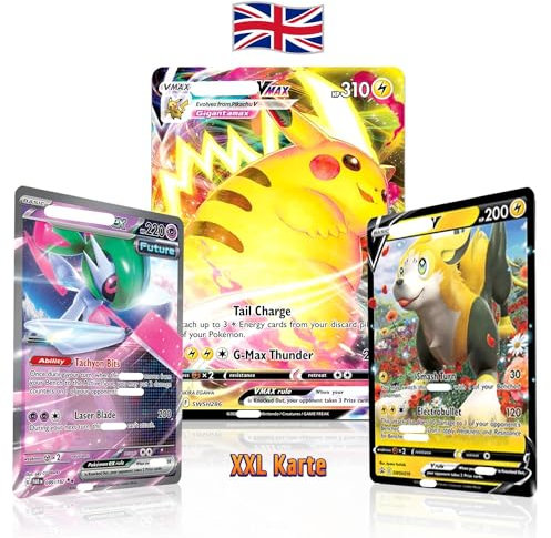 Kartenset für Pokemon Sammelkarten XXL Karten Englisch 3er- Pack zufällige V/VMAX/Holo/EX/GX/Jumbo Oversized + Tobostop Versandschutz