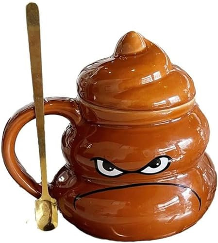 Freche Streich-Poop-Keramikbecher, süßes Poop-Kaffeetassen-Set mit Deckel und Löffel, lustige Cartoon-Poop-Emoji-Tasse, Humor-Witz-Geschenktassen