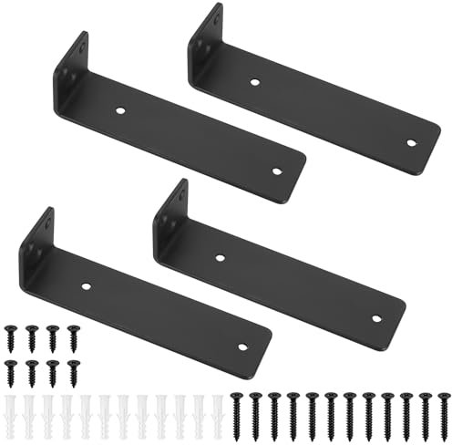 4 Pcs Soporte Estanteria Pared, Estante Soportes Estanterias Pared Negros, Escuadras para Estanterias, Soportes Flotantes en L, Escuadras Metalicas para Estantes (5.9pulgadas/150 mm)