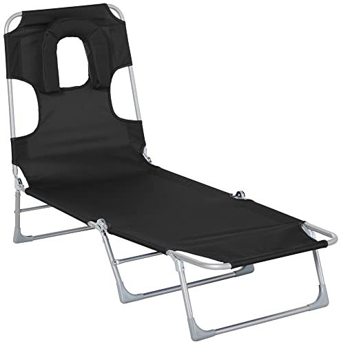 Outsunny Chaise Longue Pliante, Bain de Soleil, avec Appui-tête à Trou pour la Lecture et Dossier inclinable en 4 Positions, transat pour Jardin, Piscine, terrasse, en Tissu Oxford, Noir