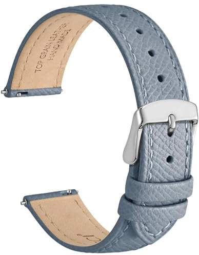 WOCCI 20mm Grace Uhrenarmband für Damen, Top Grain Leder, Schnellverschluss, Silberner Schnalle (Nebel Blau)