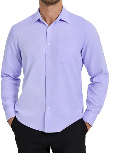 HISDERN Camisa Lila Hombre Manga Larga Slim Fit con Botones y Bolsillo Estilo Casual para Boda Negocios Oficina S
