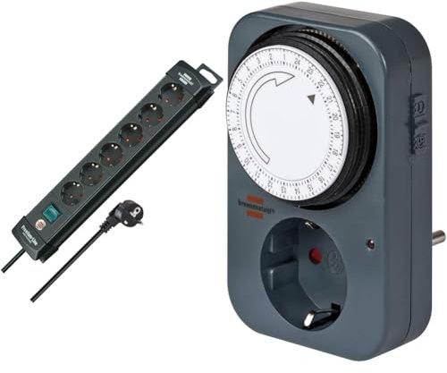 Brennenstuhl Premium-Line, Steckdosenleiste 6-Fach & Zeitschaltuhr MZ 20, mechanische Timer-Steckdose (Tages-Zeitschaltuhr mit erhöhtem Berührungsschutz) grau