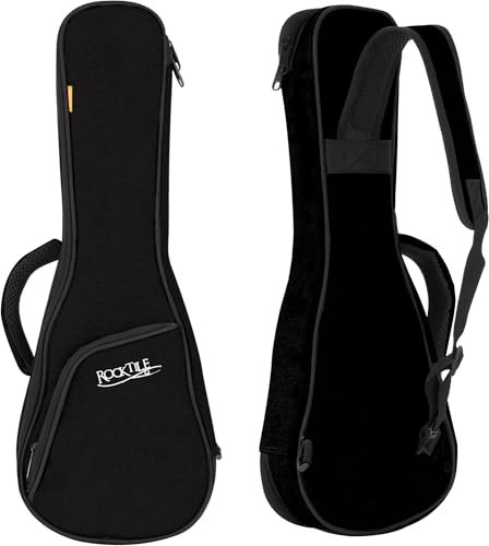 Rocktile Tasche für Sopran-Ukulele - Gigbag für Sopran-Ukulele - Maximale Innenmaße (LxBxH): 56 x 19 x 7,5 cm - 1 cm dicke Polsterung - Gepolsterte Außentasche für Zubehör - Schwarz/Orange
