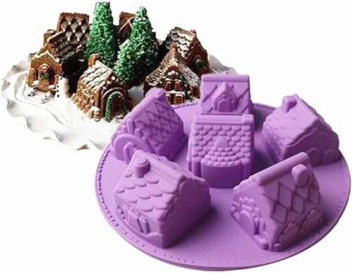 3D Christmas Gingerbread House Silicone Baking Mould, 6 Cavity Non-Stick Village House Muffin Cake Baking Pan Chocolate Jello Pudding Soap Candle Mold for Xmas Deco