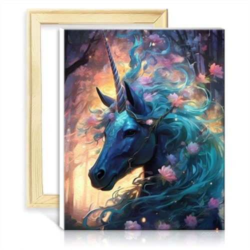 LiHEQING Peinture sur toile par numéros licorne forêt magique, peinture à l'huile à faire soi-même, tableau d'art pour adultes, décoration de maison, sans cadre (60x75cm)