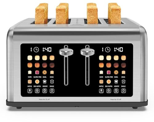 4 Slice Toaster Touch Screen, Stainless Steel Toasters Digital Timer, Dual Control Panel Toasters, 8 Shade Settings 6 Bread Types for Bagel, Cancel, Defrost 1650W Silver