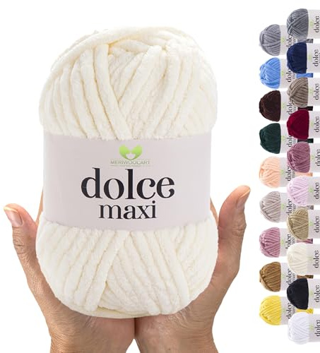 MeriWoolArt® Chenille Wolle Garn zum Stricken und Häkeln Natürlich - 200 g und 70 m Samt-Wolle - 100% Flauschige Polyester Strickgarn für Amigurumi, Kissen, Decken und weiche Kleidung Geschenke