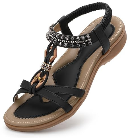 Littleplum Sandalen Damen Sommer Flache Sandalette Bohemia Sandals mit Strass Perlen Freizeit Damen Strand Schuhe Sandalen, 23-Schwarz, 38 EU