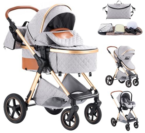 Mobayta kinderwagen 3 in 1 Kombikinderwagen für Neugeborene robustes leichtes Aluminiumgestell geeignet bis 22KG hochgestellter Kinderwagen vielseitig und praktisch Buggys (H2-GREY, H2)