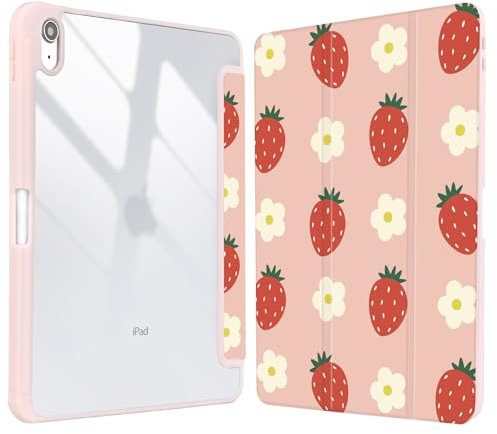 Vozehui Funda para iPad de 10.9 pulgadas con diseño de flores de fresa para iPad de 10ª generación 2022, color rosa con carcasa trasera transparente con soporte para lápices, funda protectora con