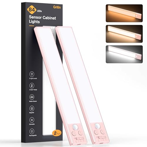 Gritin Lampe de Placard- 84 LED Super Lumineuses,3 Couleurs&5 Luminosités,4 Modes,Capteur de Mouvement, Rechargeable 1800mAh Longue Durée -Installation Facile Lampe d'Armoire Magnétique,Rose