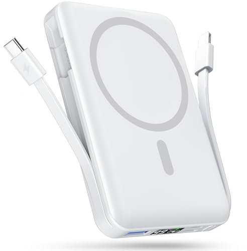 Podoru for Magsafe Powerbank, 10000mAh Magnetische Wireless Power Bank mit USB-C Kabel PD 20W Schnellladen mit LED Display, Kabellos Akkupack für iPhone 16/15/14/13/12/Pro/Pro Max/Mini (Weiß)