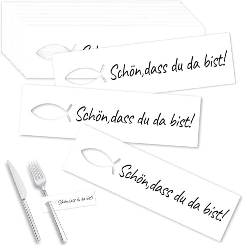 RFBEUTEL 30 Stück Bestecktaschen aus Papier Schön DASS du da bist Platzkarte Tischkarte Fisch Kommunion Taufe Firmung Konfirmation