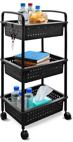 ABBAware Rollwagen mit 3 Körben, 40 x 30 x 74 cm Kunststoff Schwarz - Ablagefachwagen/Aufbewahrungswagen mit Rollen für Küche, Bad, Wohnzimmer