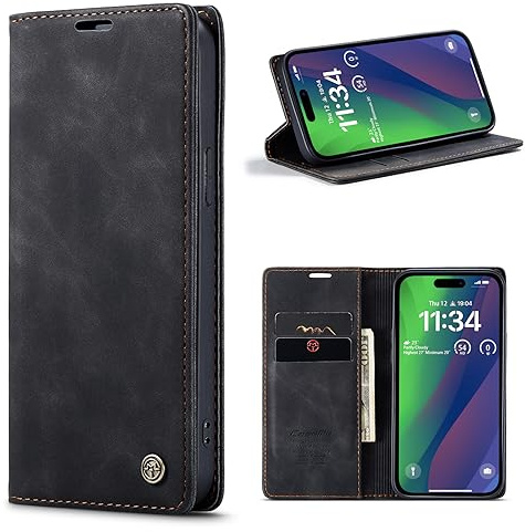 Lanranwa Handyhülle für iPhone 15 5G Hülle Premium Lederhülle Klappbar Flip Case Handytasche Schutzhülle Klapphülle Standfunktion für iPhone 15 -Schwarz