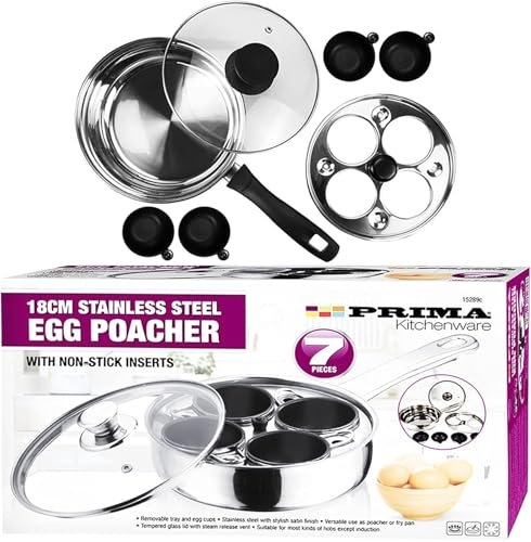 Bazzaree 7 PCS 18cm Stainless Steel Egg Poacher & Boiler Set Non-Stick Inserts & Glass Lid, Multi-Use Saucepan & Frying Pan 4 Removable Egg Cups,Gas & Electric Compatible Premium Kitchen