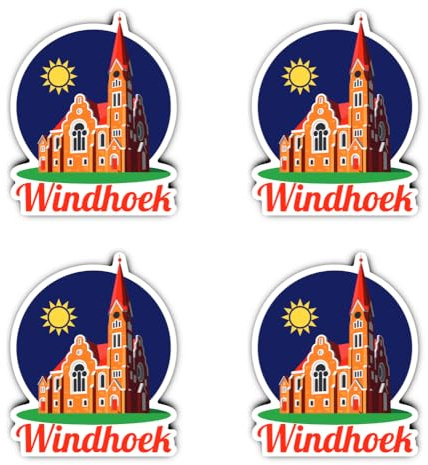 Aufkleber: 75 mm, 4 Stück - Windhoek Aufkleber Set Namibia Souvenir Vinyl wetterfest Sticker 4er 75mm Reise Deko Laptop Koffer