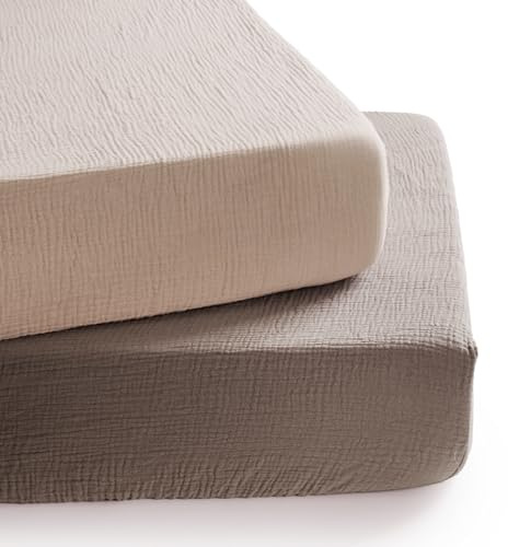 TILLYOU Musselin Spannbettlaken 2er Set Bettlaken Kinderbett 70x140 cm 100% Baumwolle Spannbettlaken Baby, Graubraun & Hellbraun
