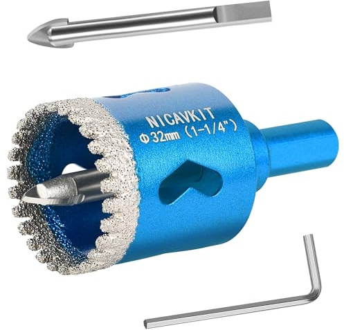NICAVKIT Scie Cloche Diamantée 32mm avec Foret Guidage de Centrage, Professionnelle Foret Trépan Diamanté Denté Brasé pour Carrelage, Porcelaine, Verre, Marbre et Céramique